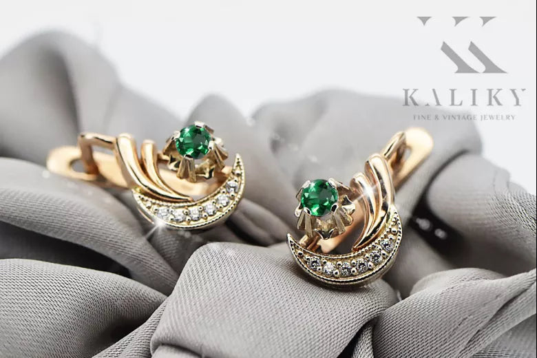 Russian 14K Rose White Gold Emerald diamonds earrings Russian Soviet Vintage style ved093rw-em