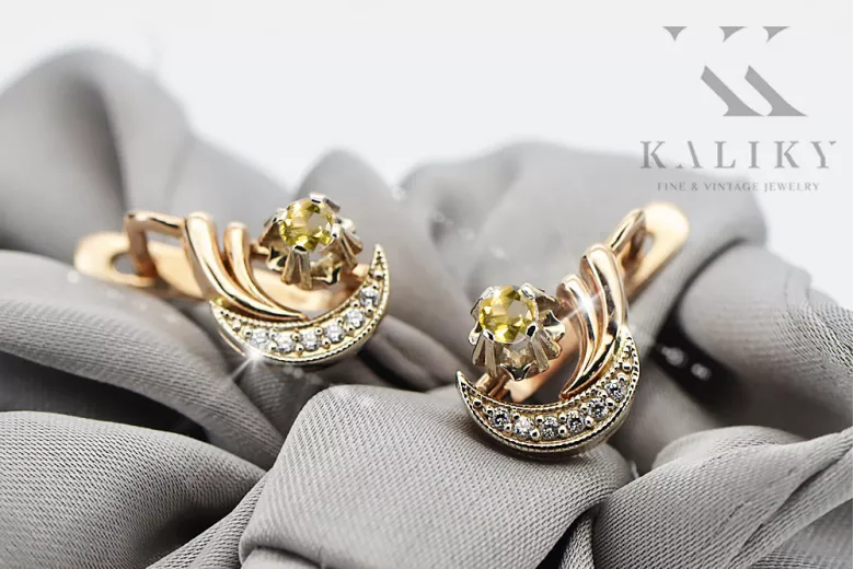 Russian 14K Rose White Gold Peridot diamonds earrings Russian Soviet Vintage style ved093rw-yp