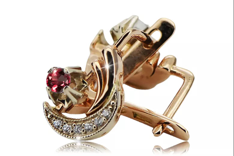 Russian 14K Rose White Gold Ruby diamonds earrings Russian Soviet Vintage style ved093rw-rb