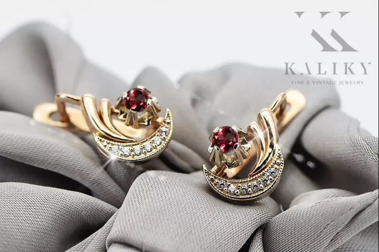 Russian 14K Rose White Gold Ruby diamonds earrings Russian Soviet Vintage style ved093rw-rb