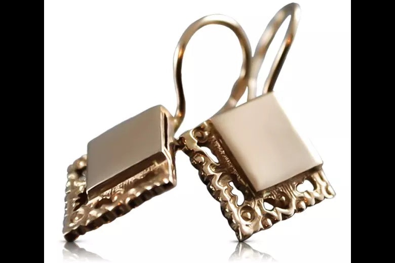 Vintage rose pink 14k 585 gold Vintage square earrings ven006