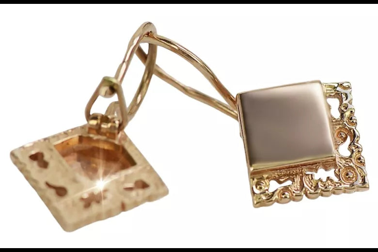 Vintage rose pink 14k 585 gold Vintage square earrings ven006