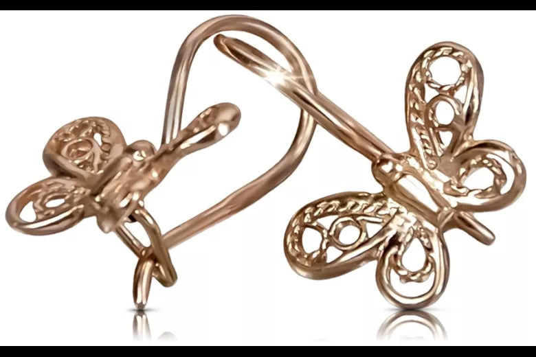 Vintage rose pink 14k 585 gold butterfly earrings ven173