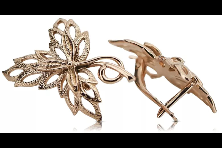 Vintage rose pink 14k 585 gold  maple leaf earrings ven096r