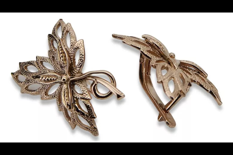 Vintage rose pink 14k 585 gold maple leaf earrings ven096r