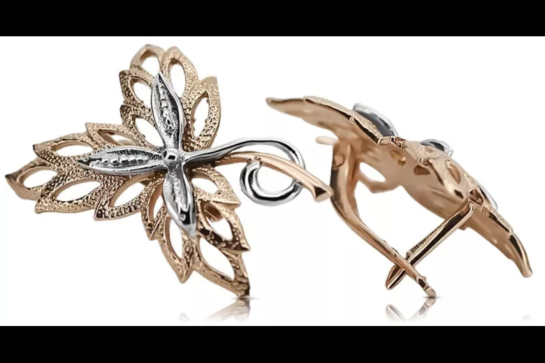 Vintage rose pink 14k 585 gold maple leaf earrings ven096rw