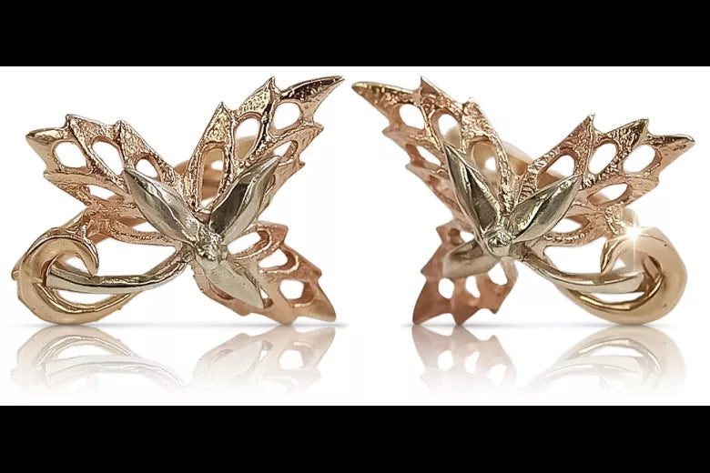 Vintage rose pink 14k 585 gold maple leaf earrings ven177