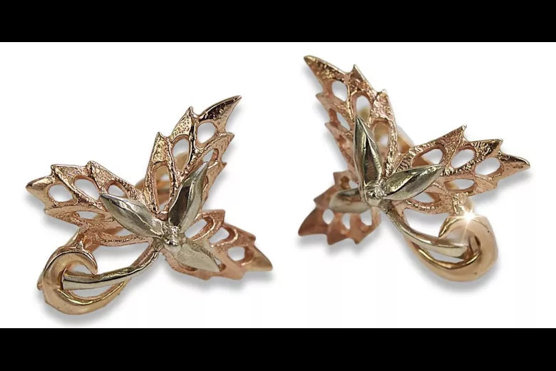 Vintage rose pink 14k 585 gold maple leaf earrings ven177