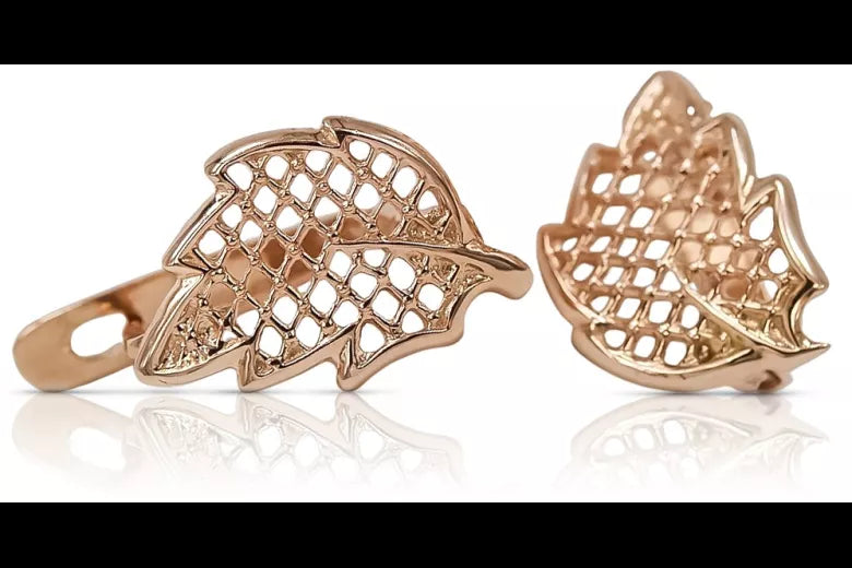 Vintage rose pink 14k 585 gold Vintage leaf earrings ven003