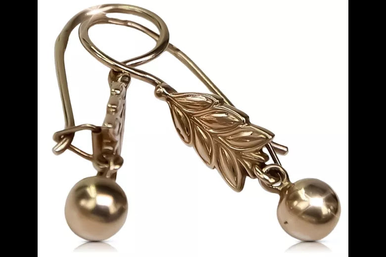 Vintage rose pink 14k 585 gold Vintage leaf earrings ven107