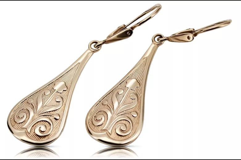 Vintage rose pink 14k 585 gold  Vintage leaf earrings ven147