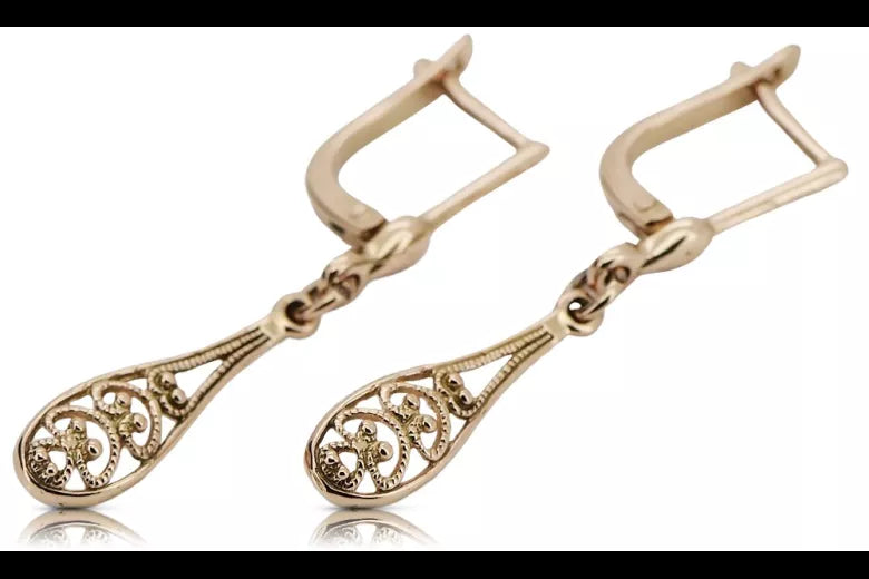 Vintage rose pink 14k 585 gold  Vintage leaf earrings ven239