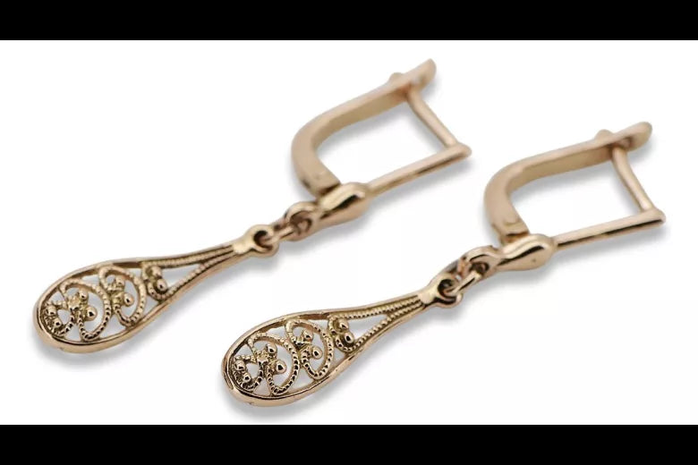 Vintage rose pink 14k 585 gold Vintage leaf earrings ven239