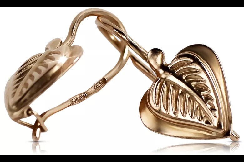 Vintage rose pink 14k 585 gold Vintage leaf earrings ven015