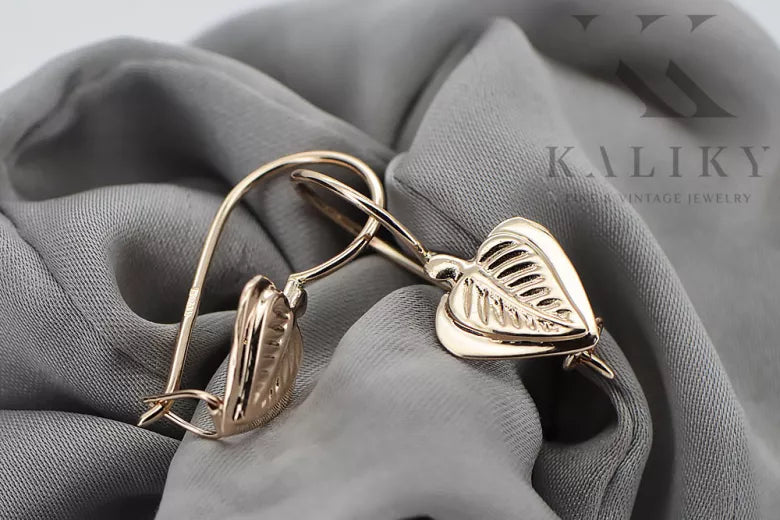 Vintage rose pink 14k 585 gold Vintage leaf earrings ven015