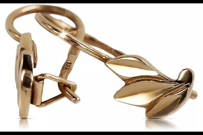 Vintage rose pink 14k 585 gold  Vintage leaf earrings ven028