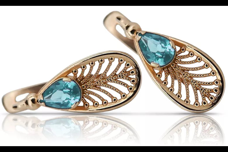 Vintage rose pink 14k 585 gold aquamarine earrings vec067 Vintage