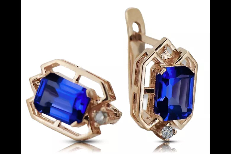 Sapphire diamonds Vintage Earrings craft Original 14K Rose Gold vec020r