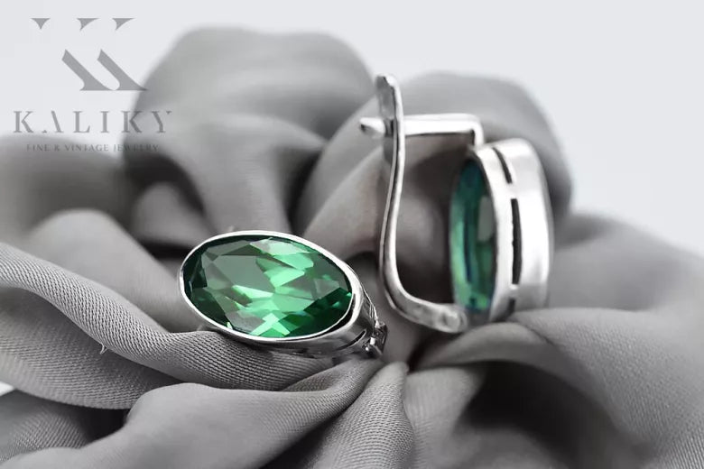 Vintage 925 Silver emerald earrings vec001s Russian Soviet style vec001s-em