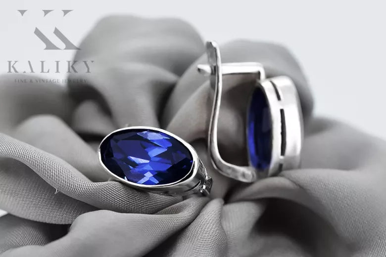 Vintage 925 Silver sapphire earrings vec001s Russian Soviet style vec001s-sp