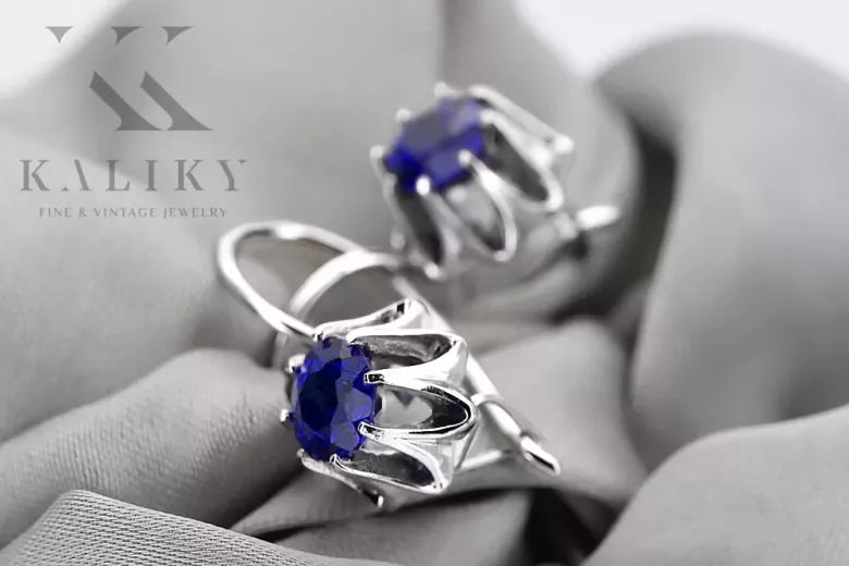 Vintage 925 Silver sapphire earrings vec092s Russian Soviet style vec092s-sp
