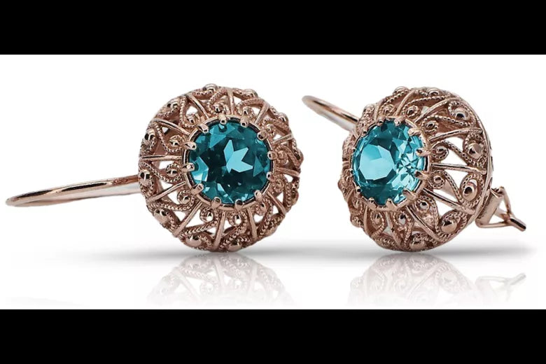 Vintage rose pink 14k 585 gold aquamarine earrings vec002 Russian Soviet style