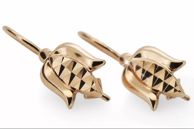 Vintage rose pink 14k 585 gold flower earrings ven126