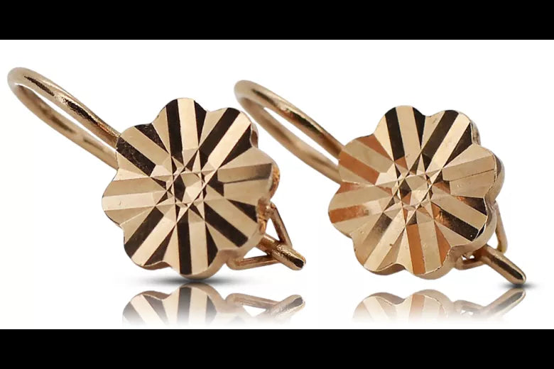 Vintage rose pink 14k 585 gold flower earrings ven163