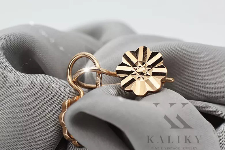 Vintage rose pink 14k 585 gold flower earrings ven163