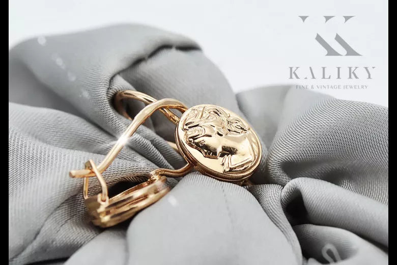 Vintage rose pink 14k 585 gold Vintage Cameo earrings ven013