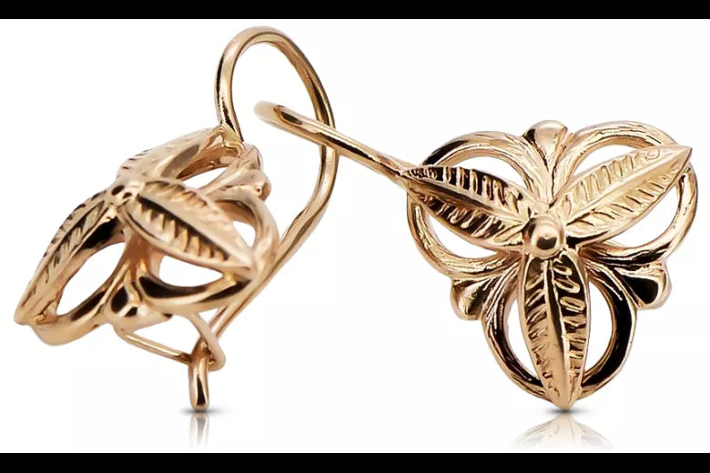 Vintage rose pink 14k 585 gold  Vintage leaf earrings ven064