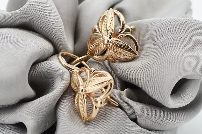 Vintage rose pink 14k 585 gold Vintage leaf earrings ven064
