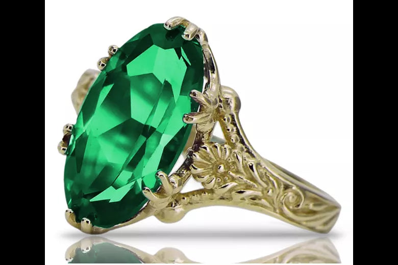 Yellow 18K gold Emerald Ring vrc084z Russian Soviet Vintage Art Deco style vrc084z-em